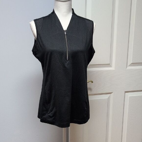 Tail Tops - Tail Activewear Black Zip-Front Mock Collar Sleeveless Polo Size L